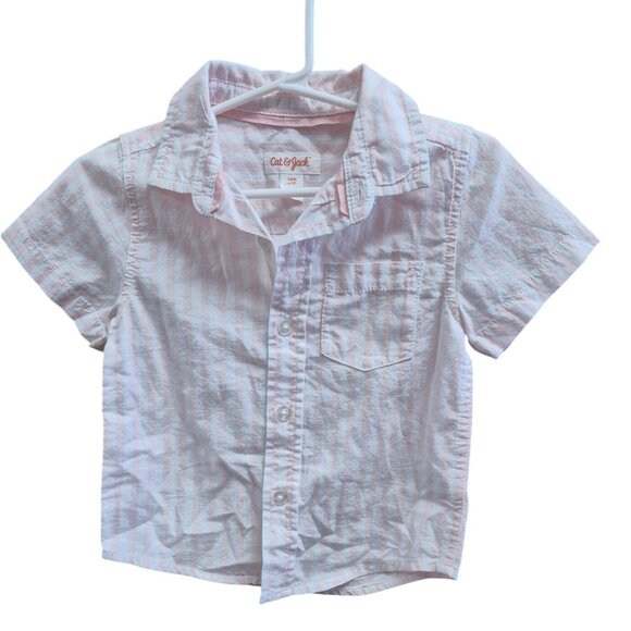 Cat & Jack Baby Boys Pink & White Striped Button-Up Shirt 18M Short Sleeve 100% - Picture 1 of 5